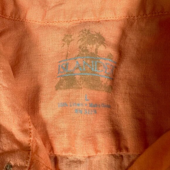 Islander Mens Large Orange Peach Short Sleeve Button Up Linen Shirt Pockets - Picture 9 of 11